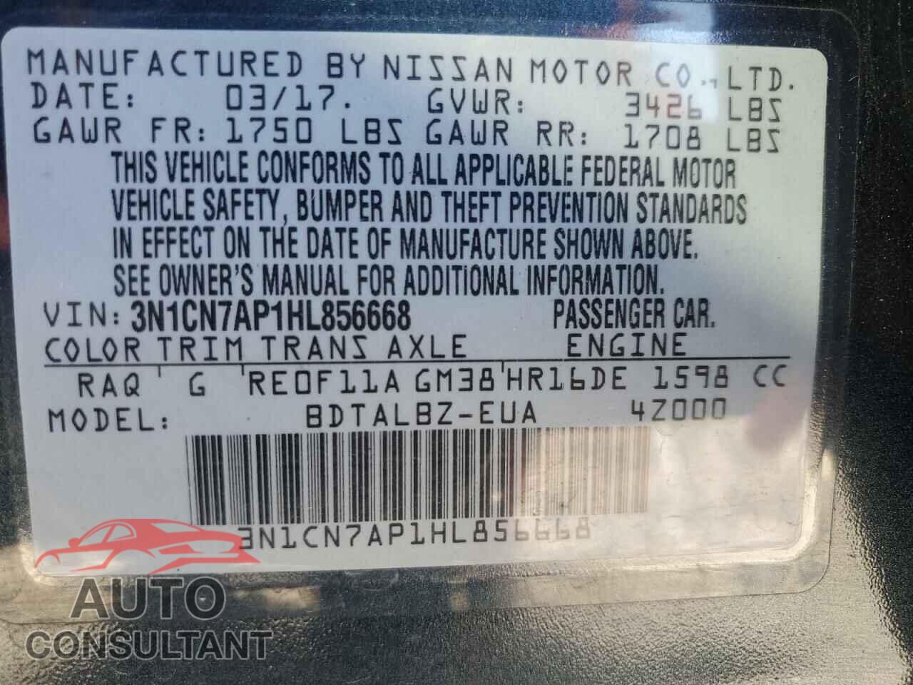 NISSAN VERSA 2017 - 3N1CN7AP1HL856668