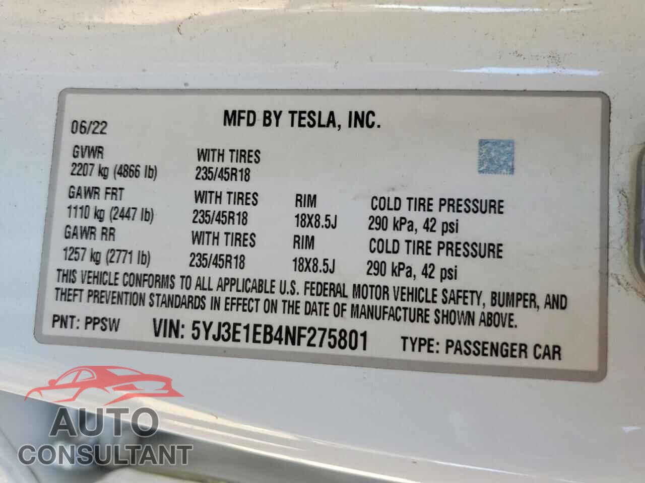 TESLA MODEL 3 2022 - 5YJ3E1EB4NF275801