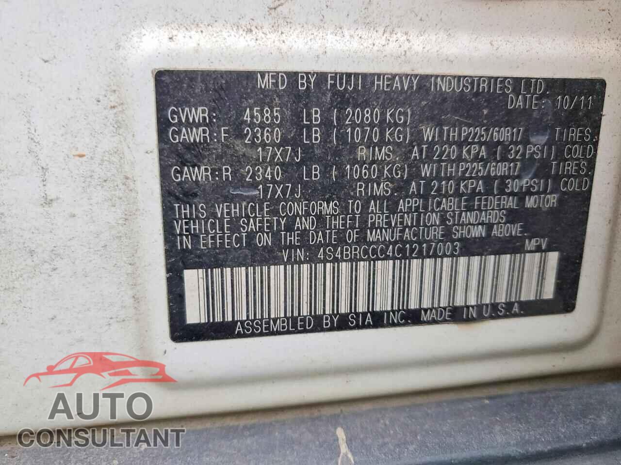 SUBARU OUTBACK 2012 - 4S4BRCCC4C1217003