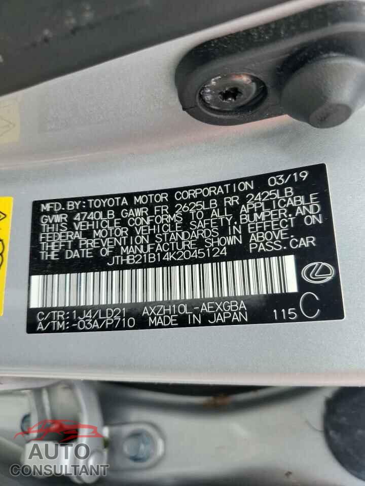 LEXUS ES300 2019 - JTHB21B14K2045124