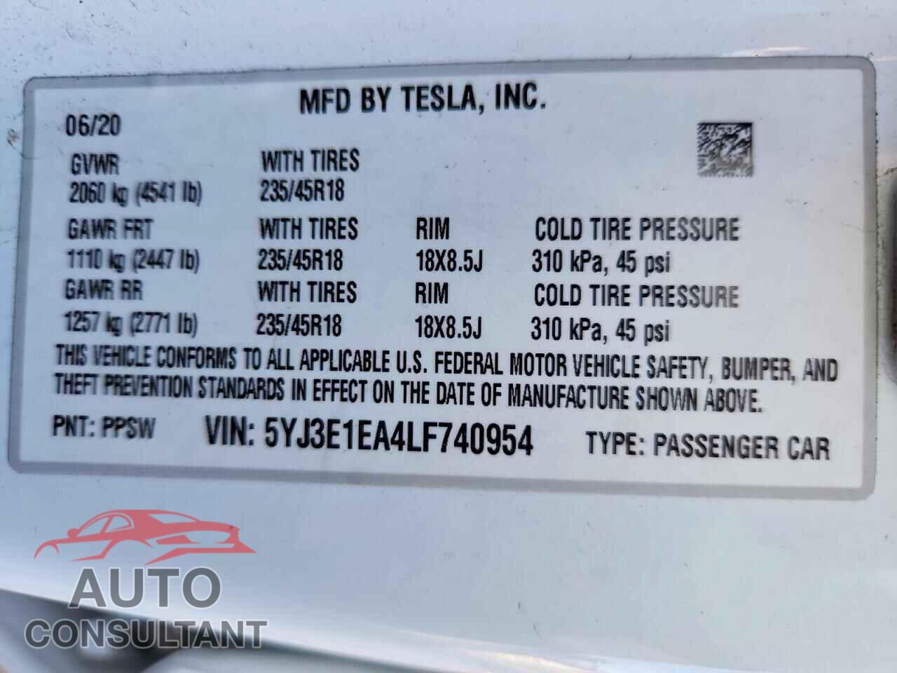 TESLA MODEL 3 2020 - 5YJ3E1EA4LF740954