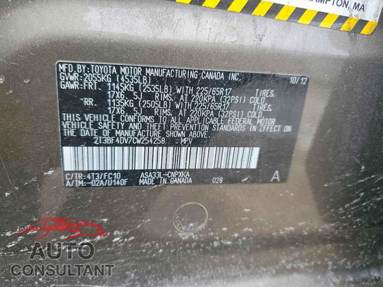 TOYOTA RAV4 2012 - 2T3BF4DV7CW254258