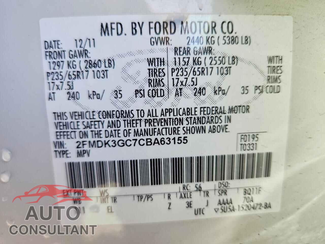 FORD EDGE 2012 - 2FMDK3GC7CBA63155