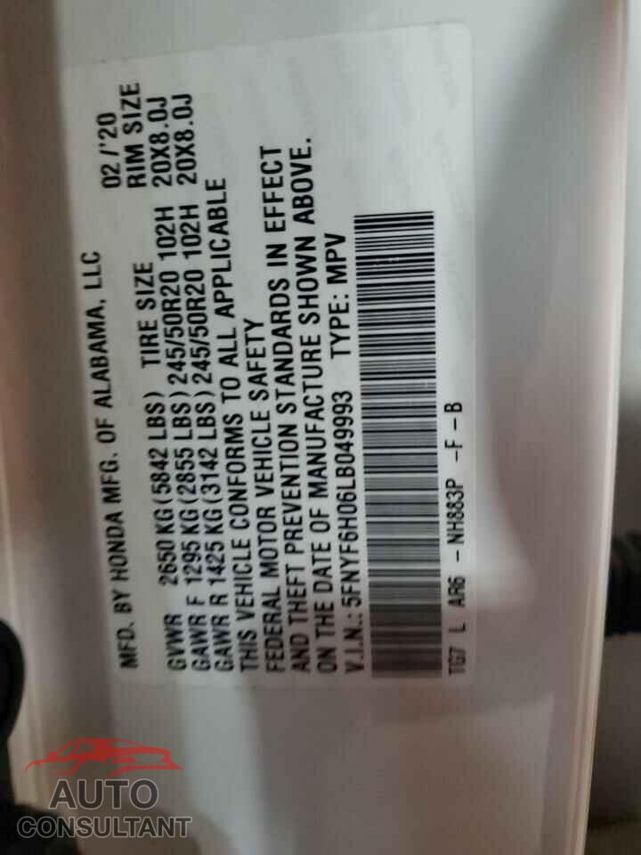 HONDA PILOT 2020 - 5FNYF6H06LB049993