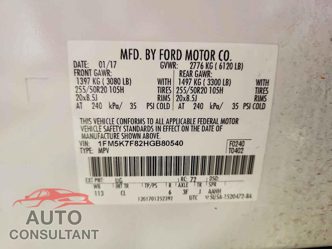 FORD EXPLORER 2017 - 1FM5K7F82HGB80540
