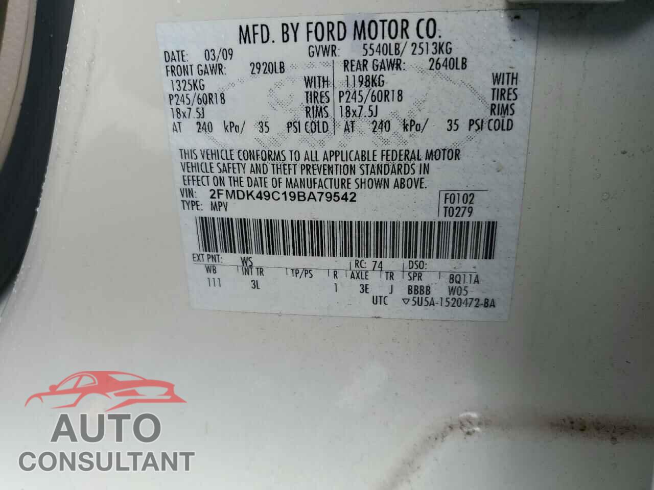 FORD EDGE 2009 - 2FMDK49C19BA79542