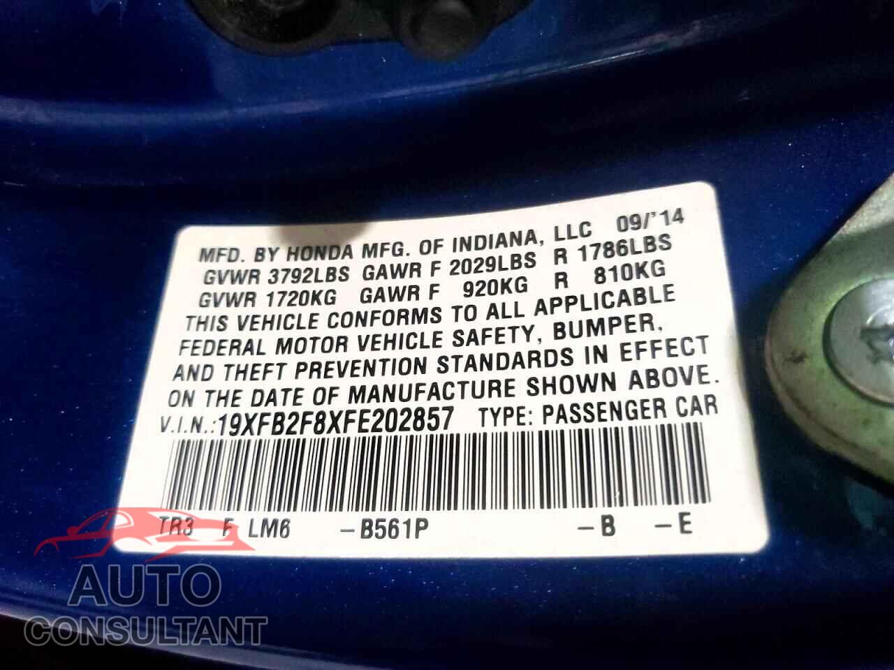 HONDA CIVIC 2015 - 19XFB2F8XFE202857