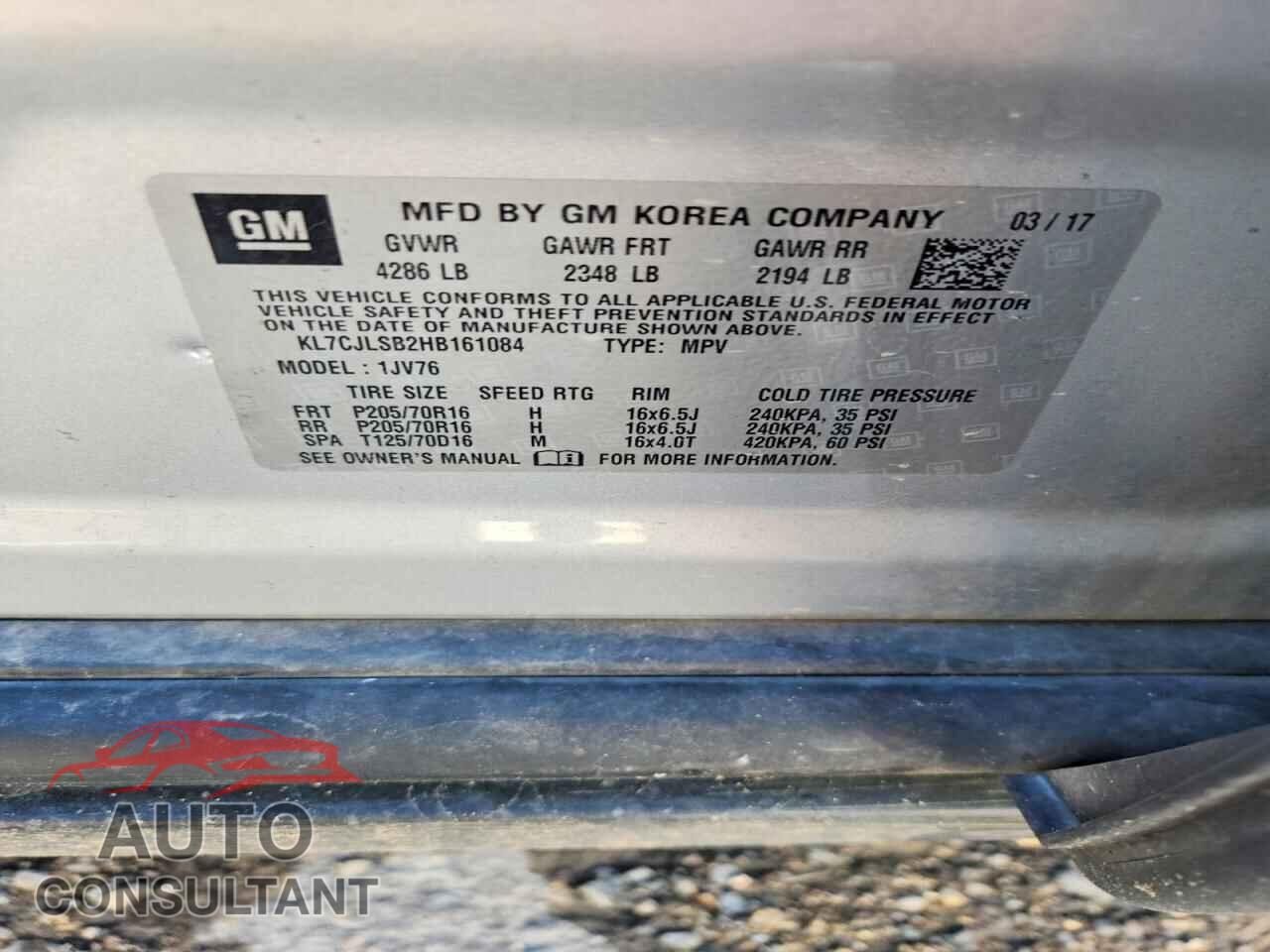 CHEVROLET TRAX 2017 - KL7CJLSB2HB161084