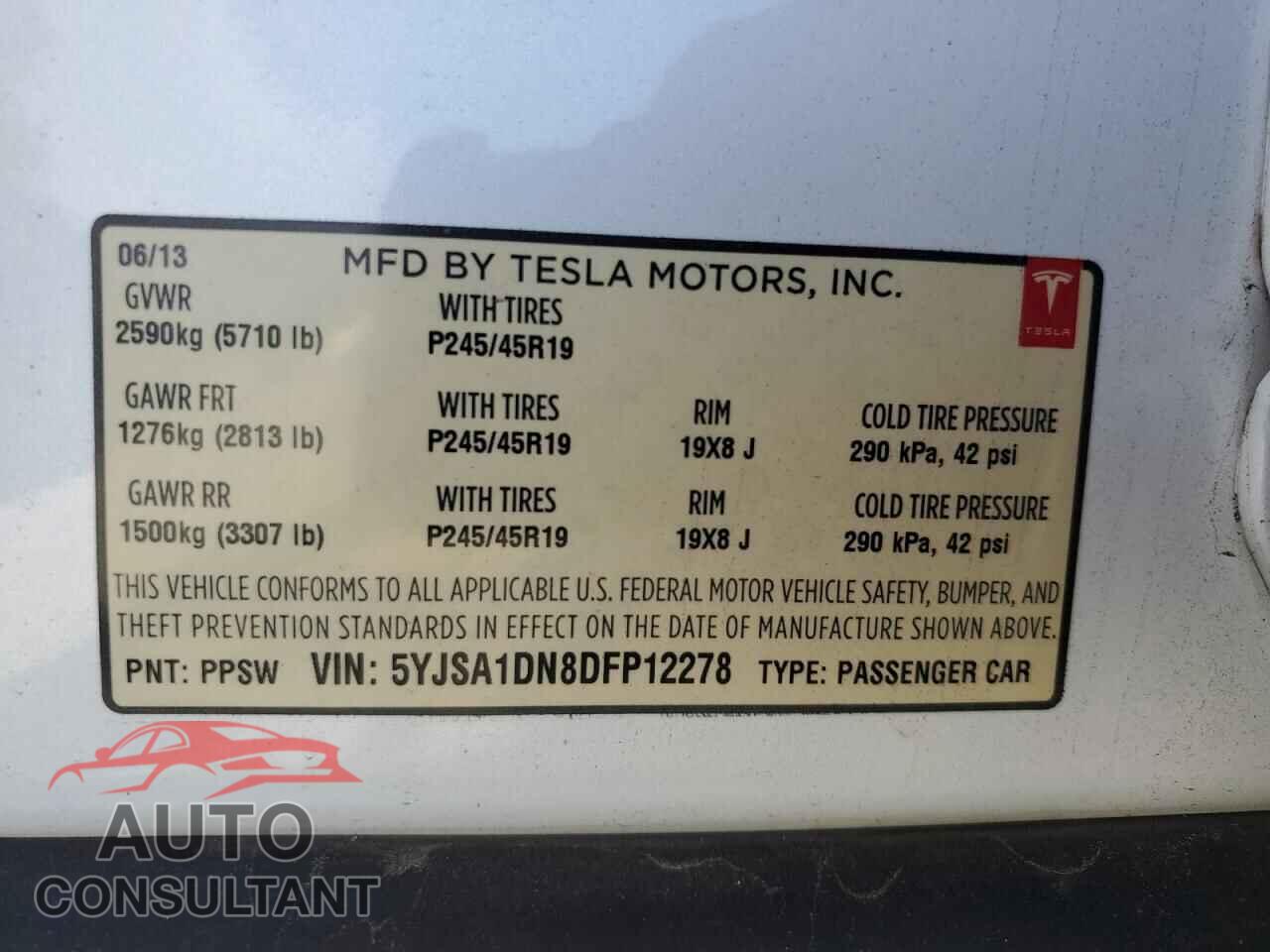 TESLA MODEL S 2013 - 5YJSA1DN8DFP12278