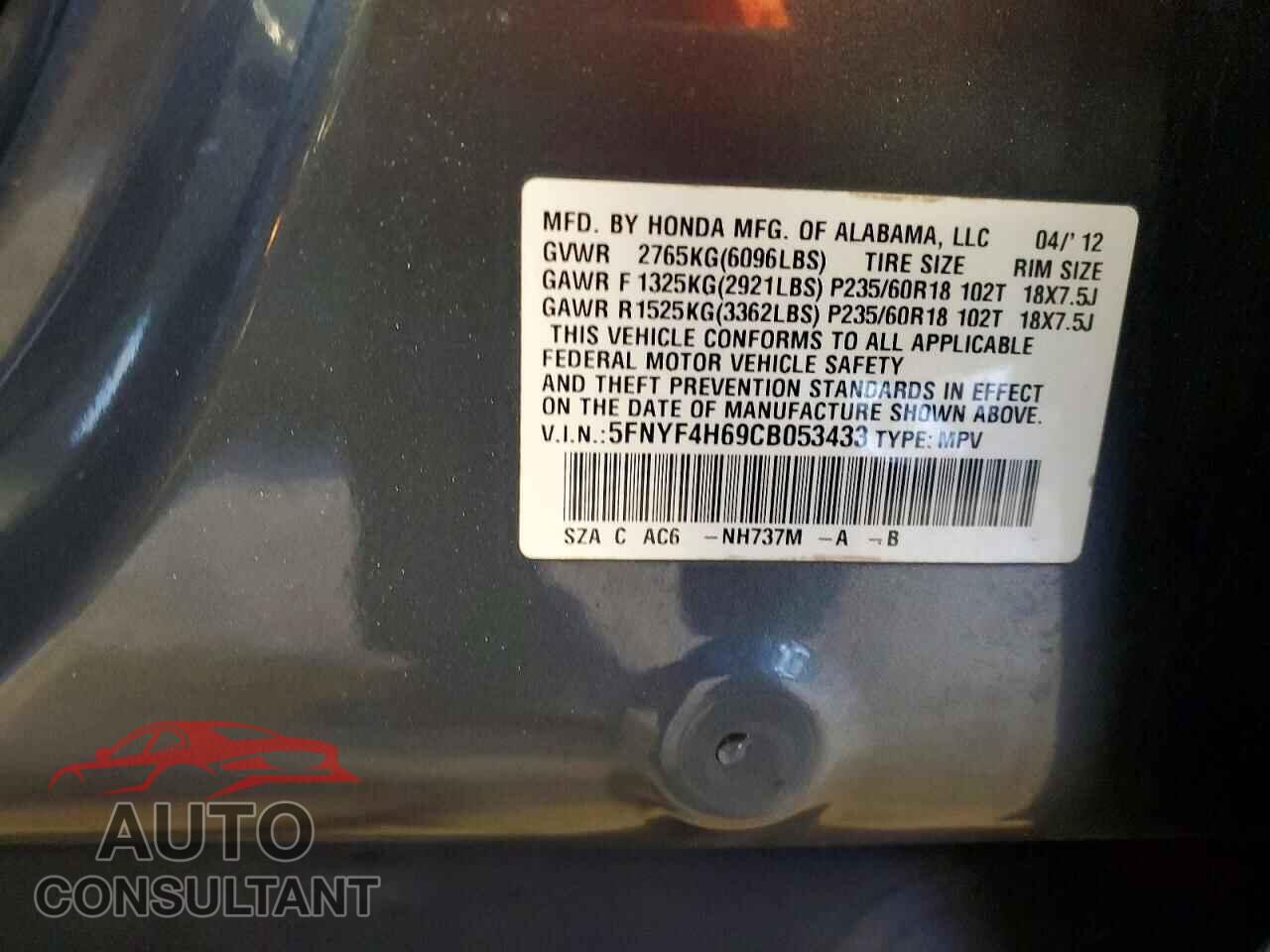 HONDA PILOT 2012 - 5FNYF4H69CB053433