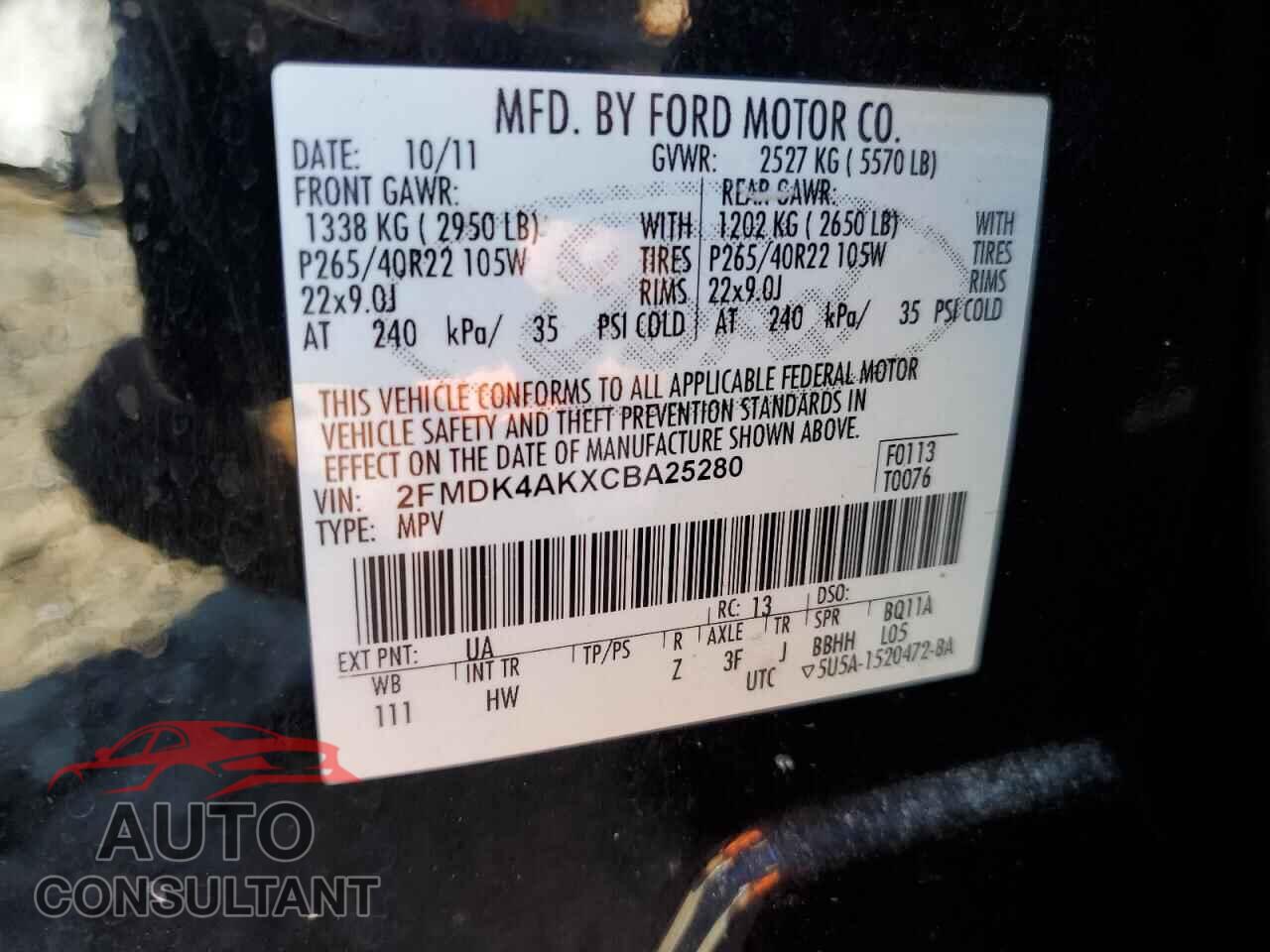 FORD EDGE 2012 - 2FMDK4AKXCBA25280
