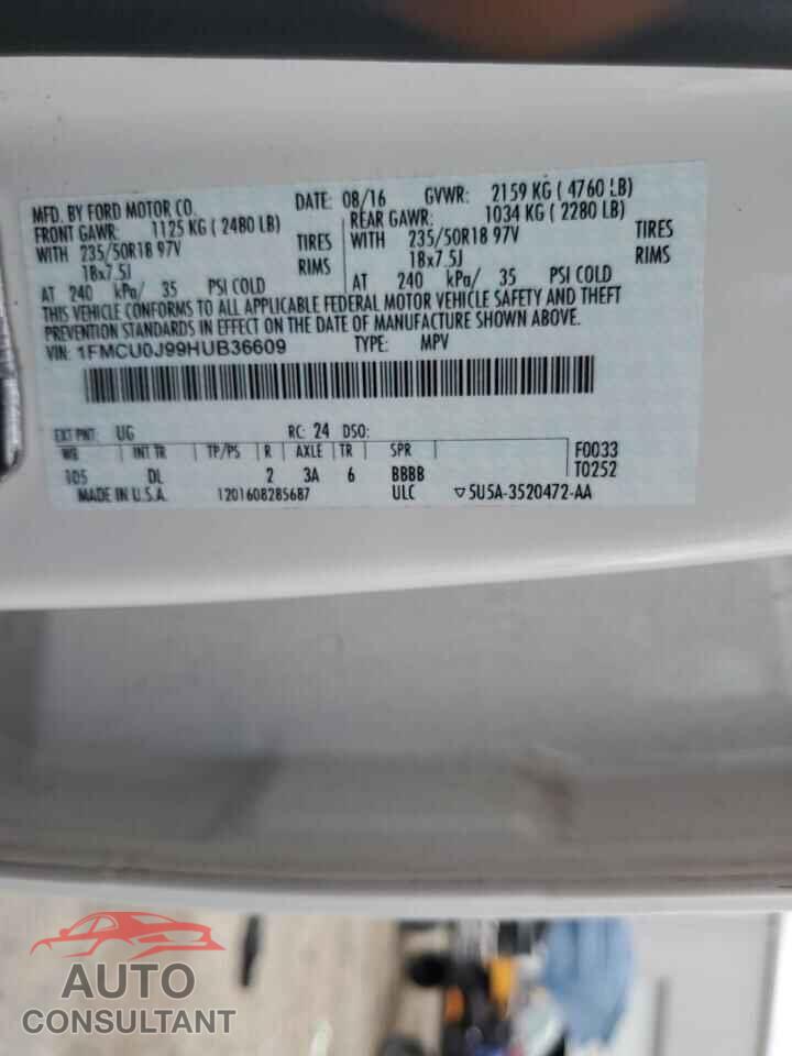 FORD ESCAPE 2017 - 1FMCU0J99HUB36609