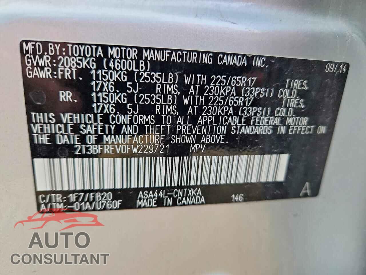 TOYOTA RAV4 2015 - 2T3BFREV0FW229721
