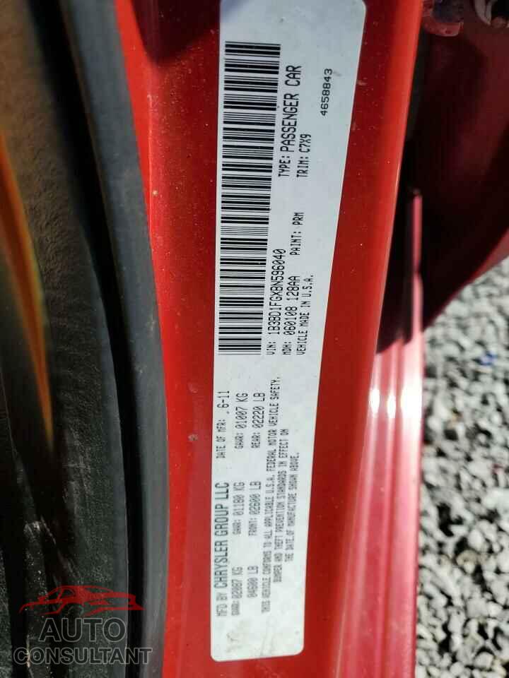 DODGE AVENGER 2011 - 1B3BD1FGXBN596040