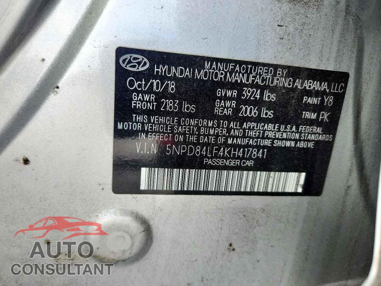 HYUNDAI ELANTRA 2019 - 5NPD84LF4KH417841