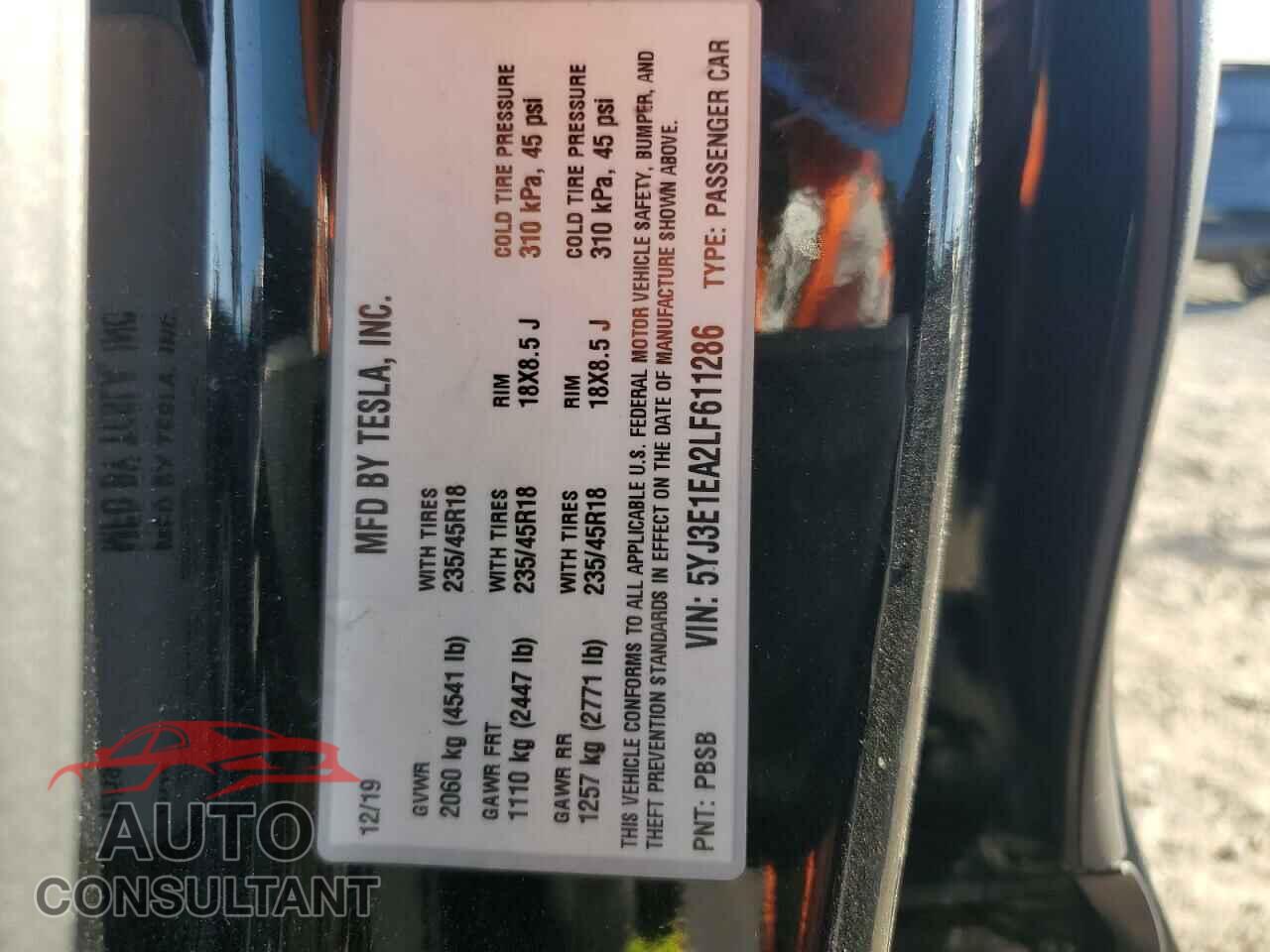 TESLA MODEL 3 2020 - 5YJ3E1EA2LF611286