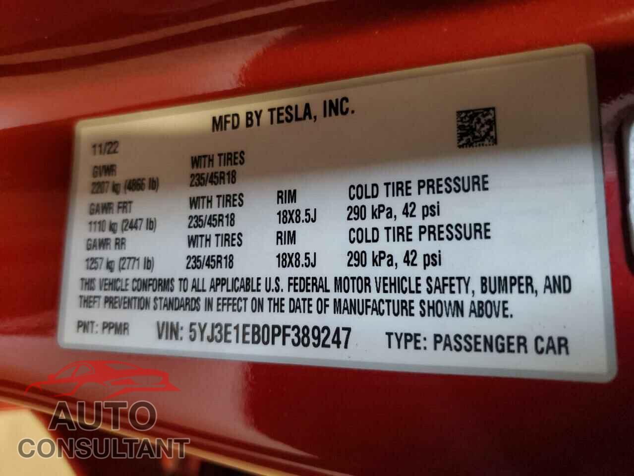 TESLA MODEL 3 2023 - 5YJ3E1EB0PF389247