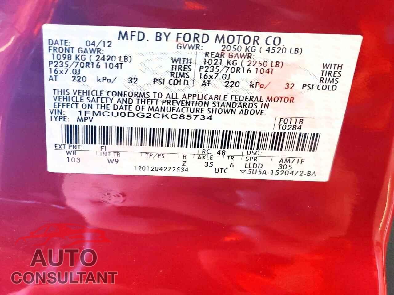 FORD ESCAPE 2012 - 1FMCU0DG2CKC85734