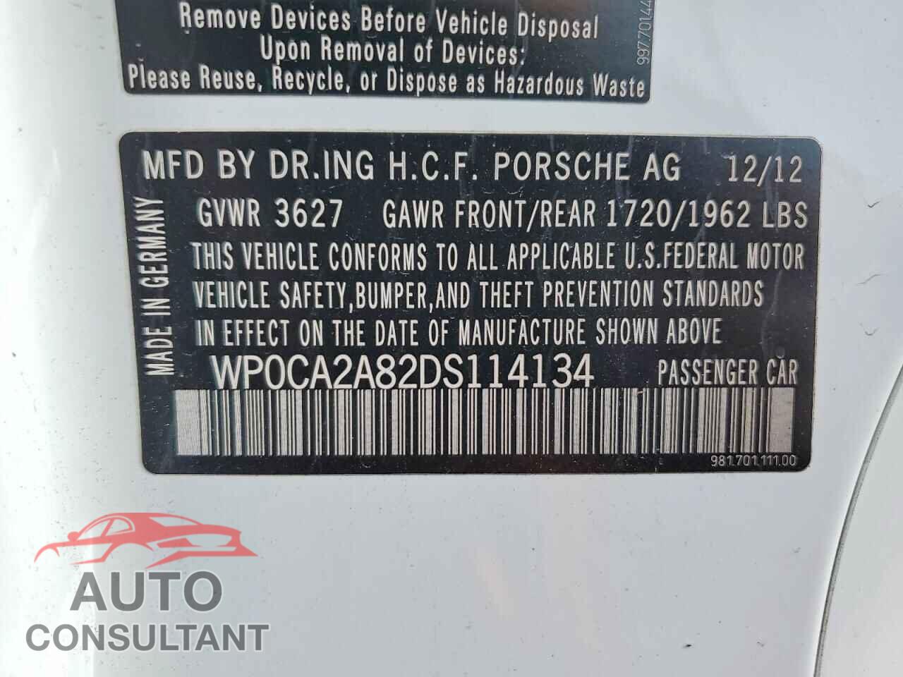 PORSCHE BOXSTER 2013 - WP0CA2A82DS114134