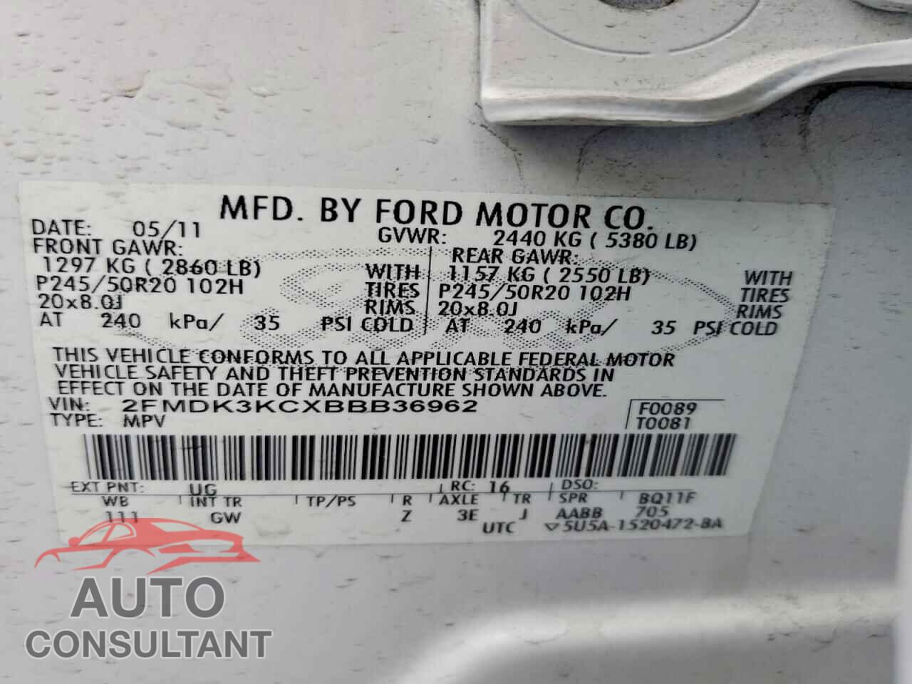 FORD EDGE 2011 - 2FMDK3KCXBBB36962