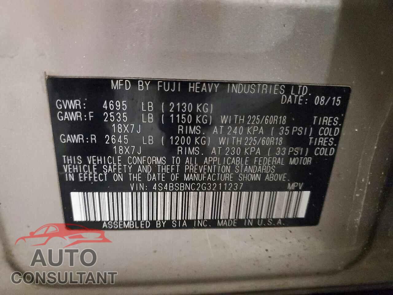 SUBARU OUTBACK 2016 - 4S4BSBNC2G3211237
