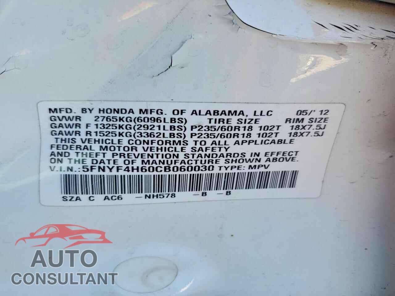 HONDA PILOT 2012 - 5FNYF4H60CB060030