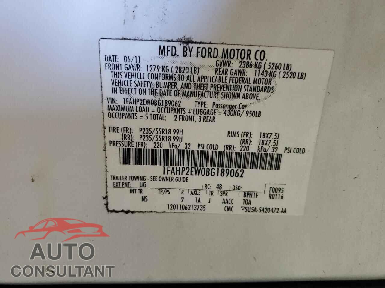 FORD TAURUS 2011 - 1FAHP2EW0BG189062
