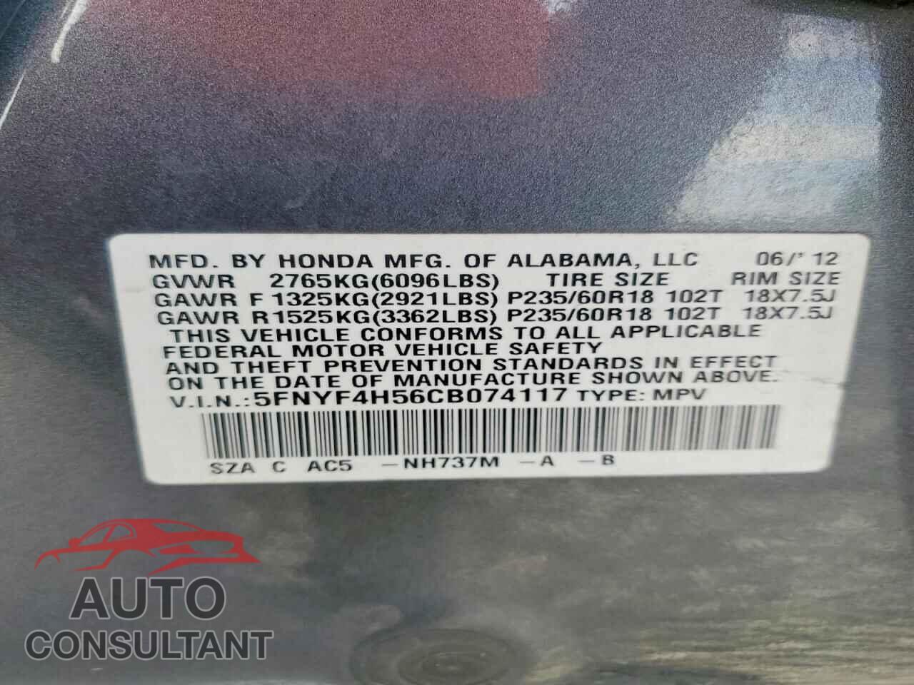 HONDA PILOT 2012 - 5FNYF4H56CB074117