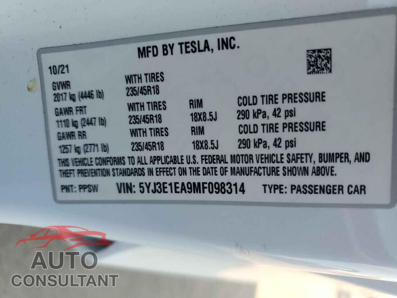 TESLA MODEL 3 2021 - 5YJ3E1EA9MF098314