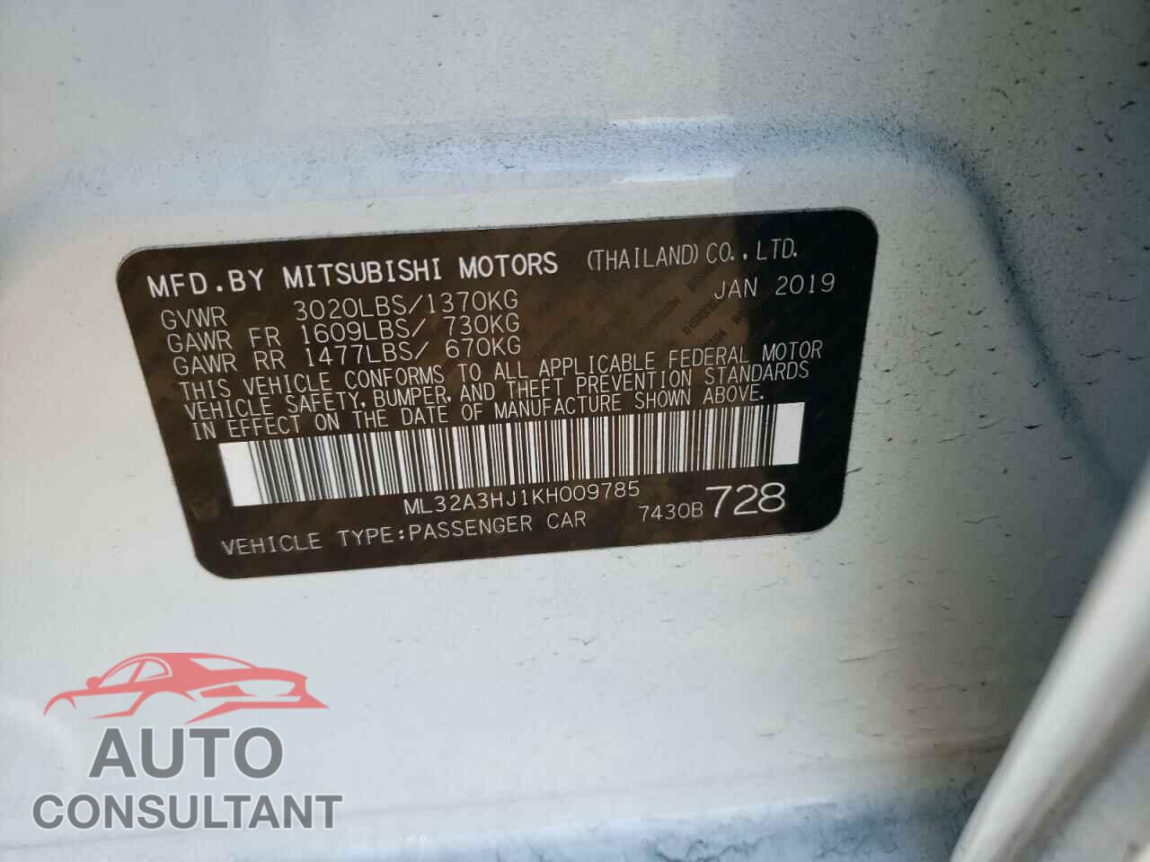 MITSUBISHI MIRAGE 2019 - ML32A3HJ1KH009785