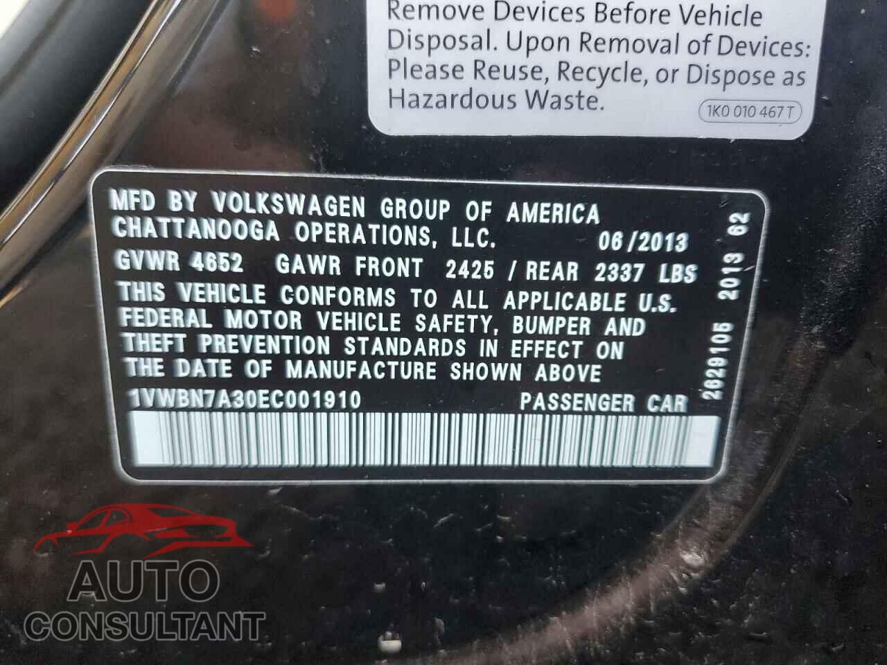 VOLKSWAGEN PASSAT 2014 - 1VWBN7A30EC001910