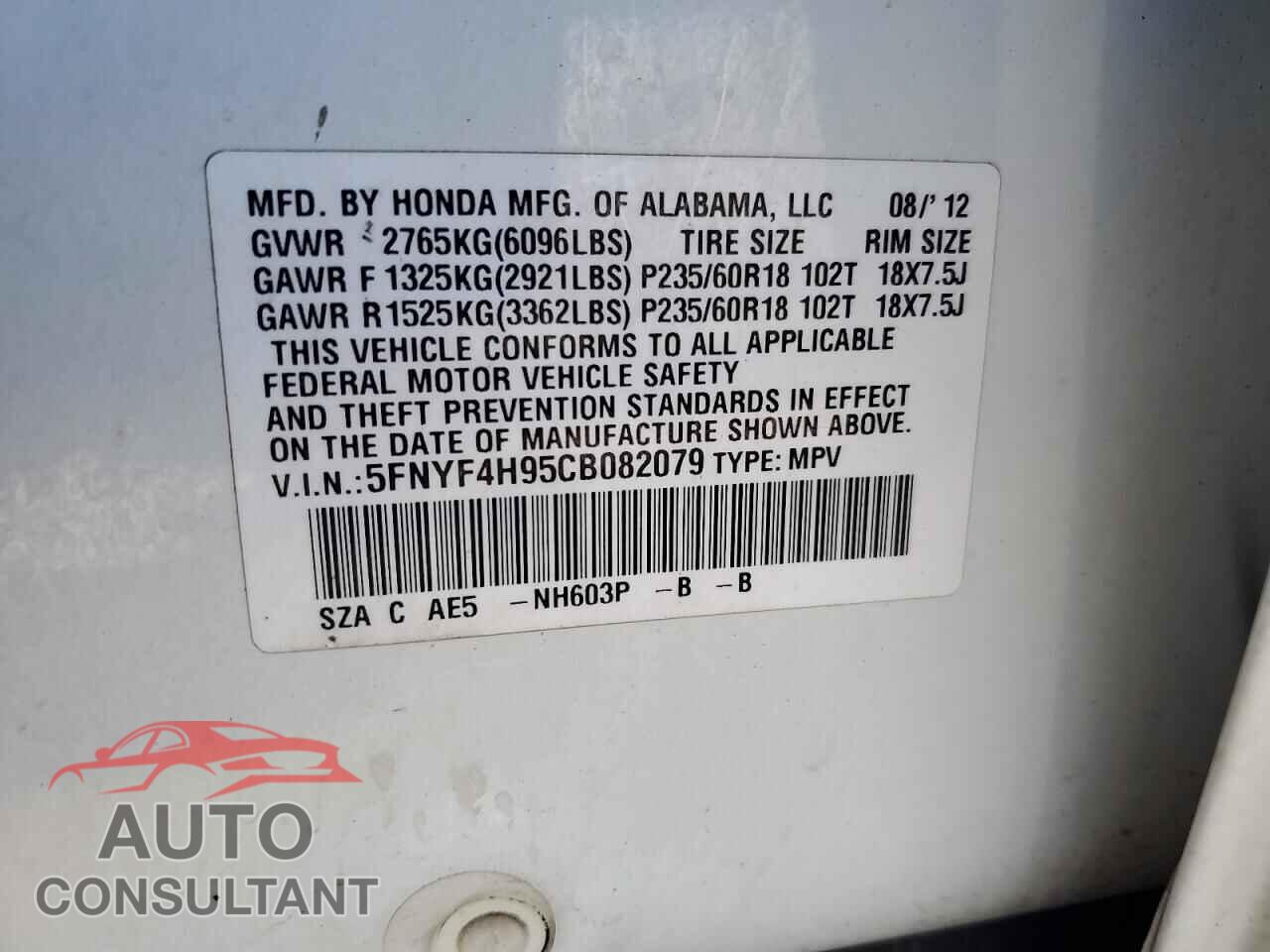 HONDA PILOT 2012 - 5FNYF4H95CB082079