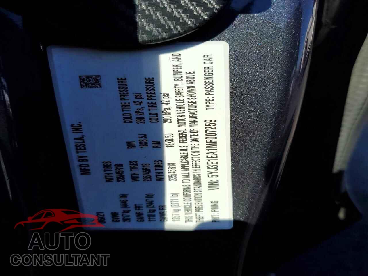 TESLA MODEL 3 2021 - 5YJ3E1EA1MF007259