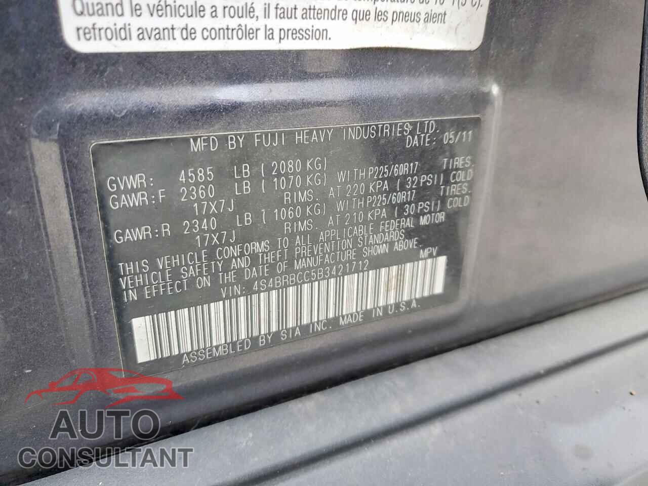 SUBARU OUTBACK 2011 - 4S4BRBCC5B3421712