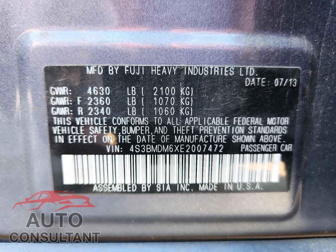 SUBARU LEGACY 2014 - 4S3BMDM6XE2007472