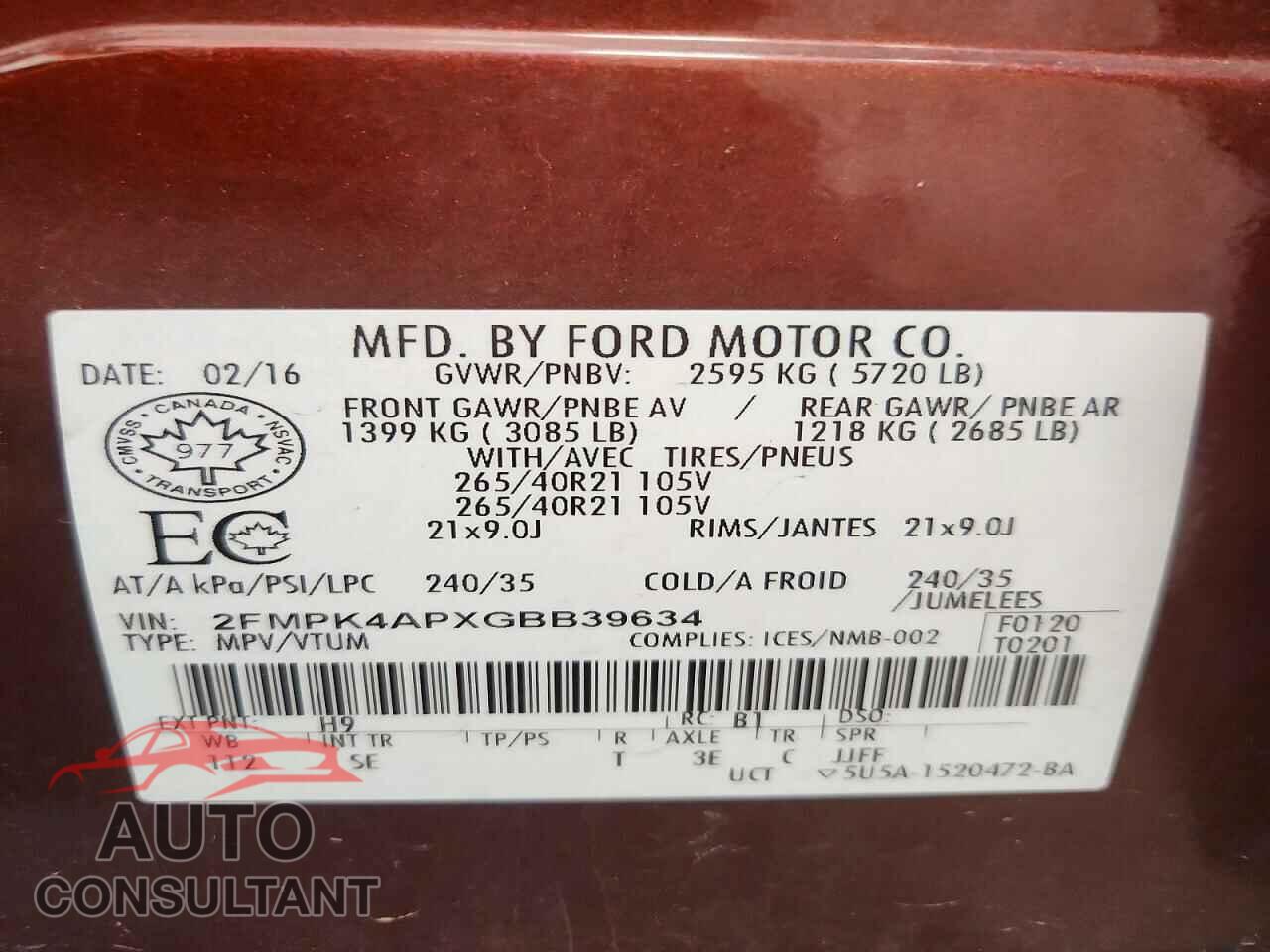 FORD EDGE 2016 - 2FMPK4APXGBB39634