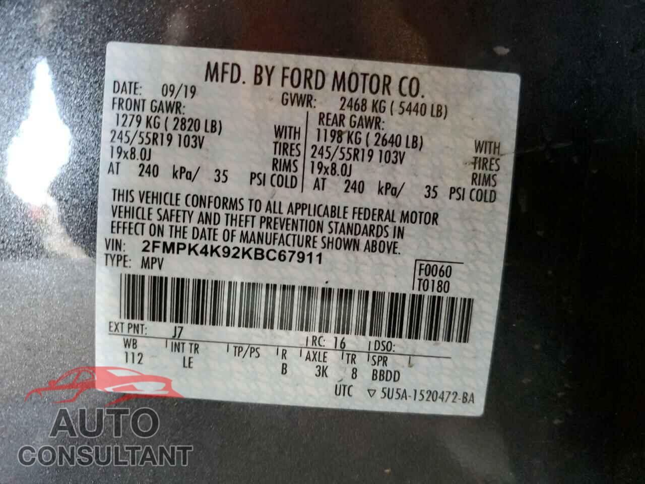 FORD EDGE 2019 - 2FMPK4K92KBC67911