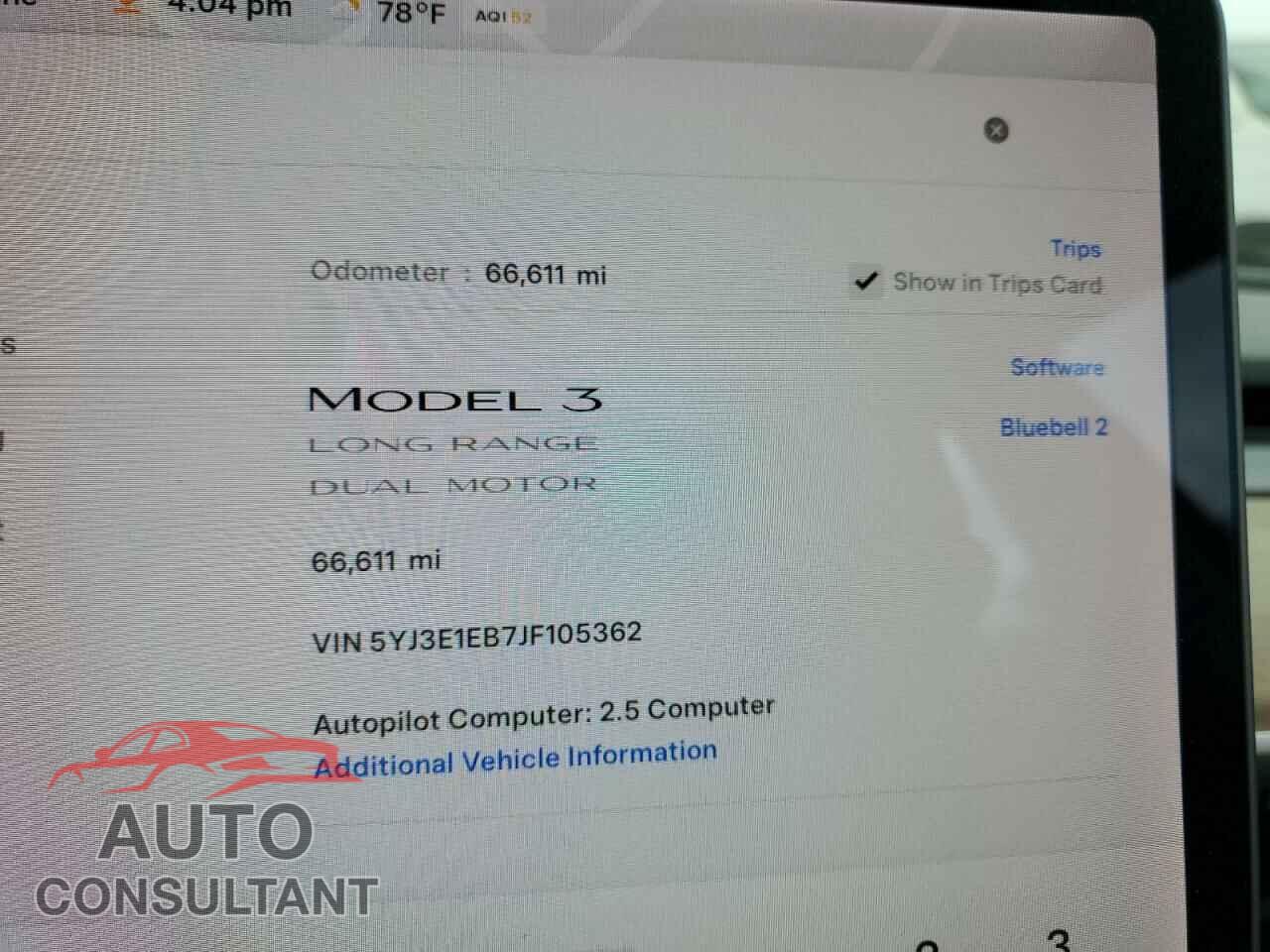 TESLA MODEL 3 2018 - 5YJ3E1EB7JF105362