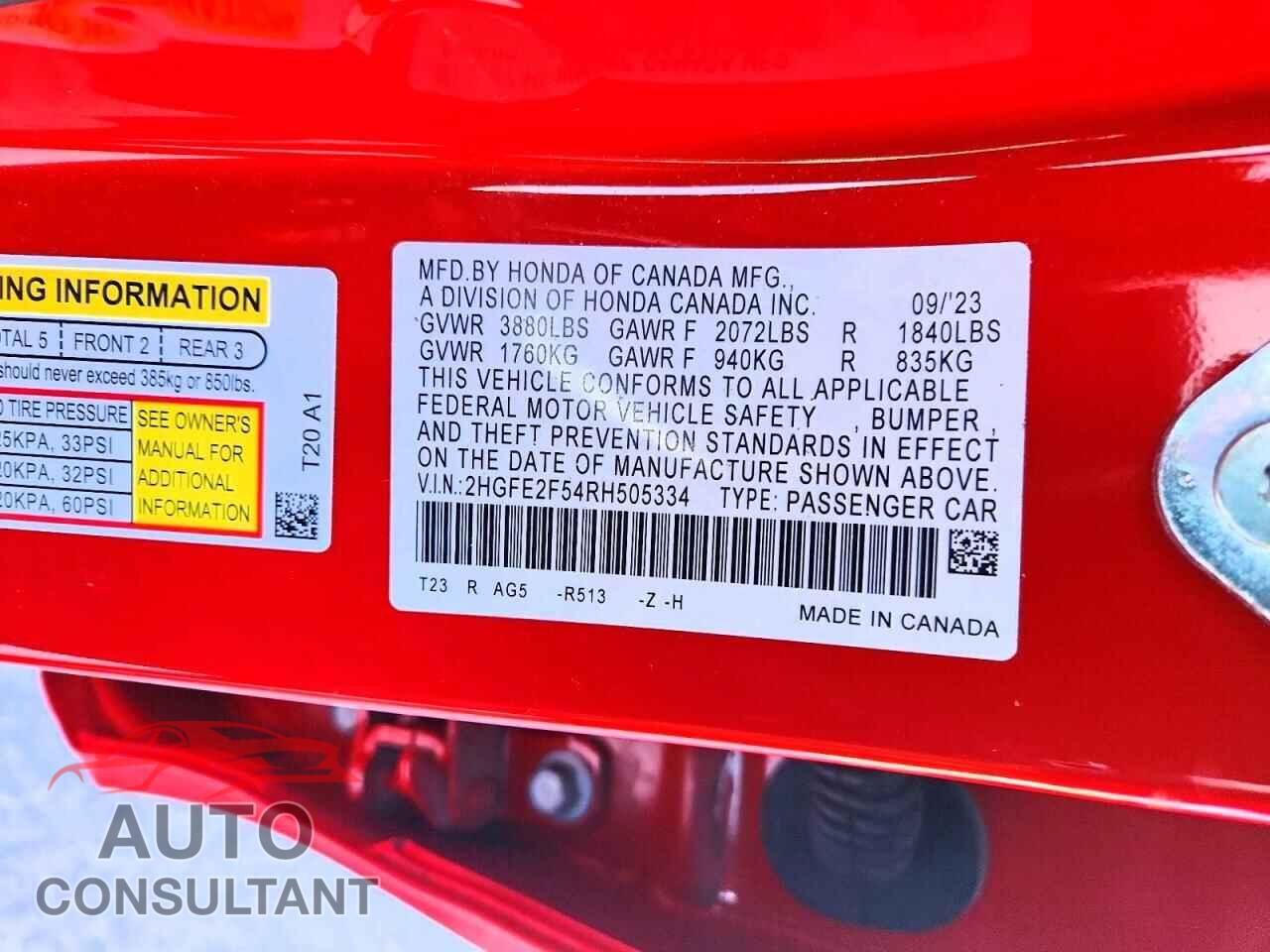 HONDA CIVIC 2024 - 2HGFE2F54RH505334
