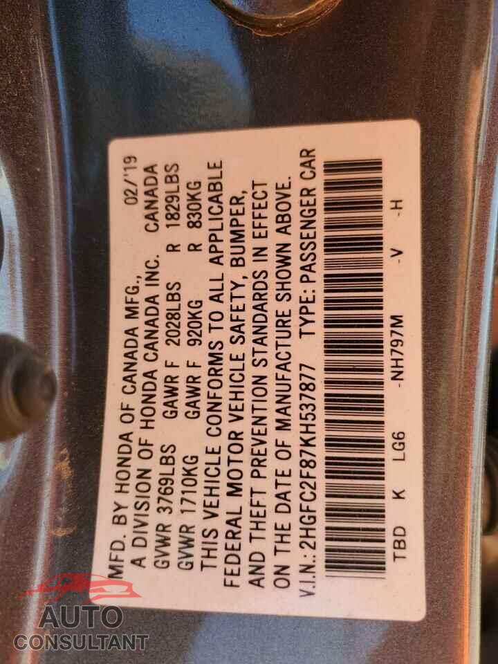 HONDA CIVIC 2019 - 2HGFC2F87KH537877