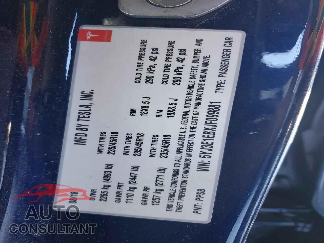 TESLA MODEL 3 2018 - 5YJ3E1EBXJF099881