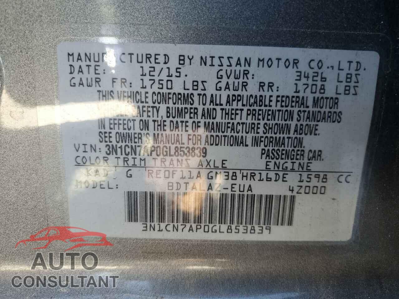 NISSAN VERSA 2016 - 3N1CN7AP0GL853839