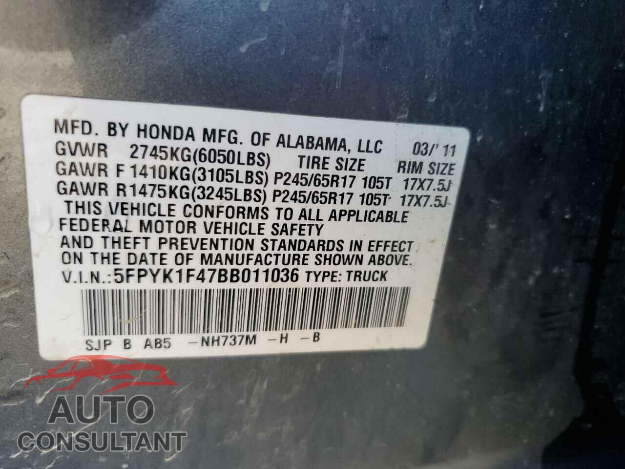 HONDA RIDGELINE 2011 - 5FPYK1F47BB011036