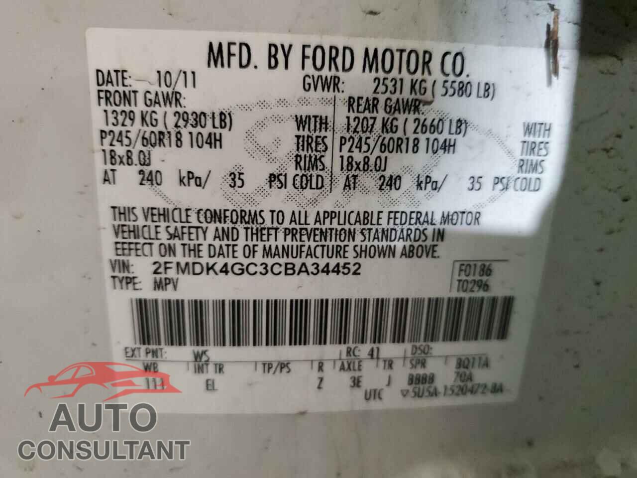 FORD EDGE 2012 - 2FMDK4GC3CBA34452