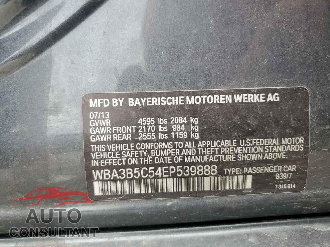 BMW 3 SERIES 2014 - WBA3B5C54EP539888