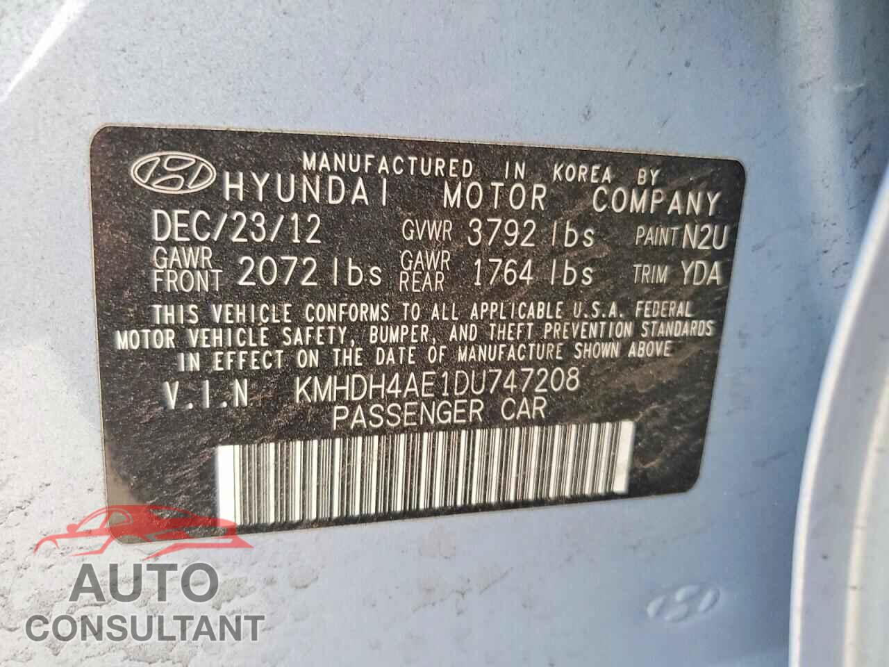 HYUNDAI ELANTRA 2013 - KMHDH4AE1DU747208
