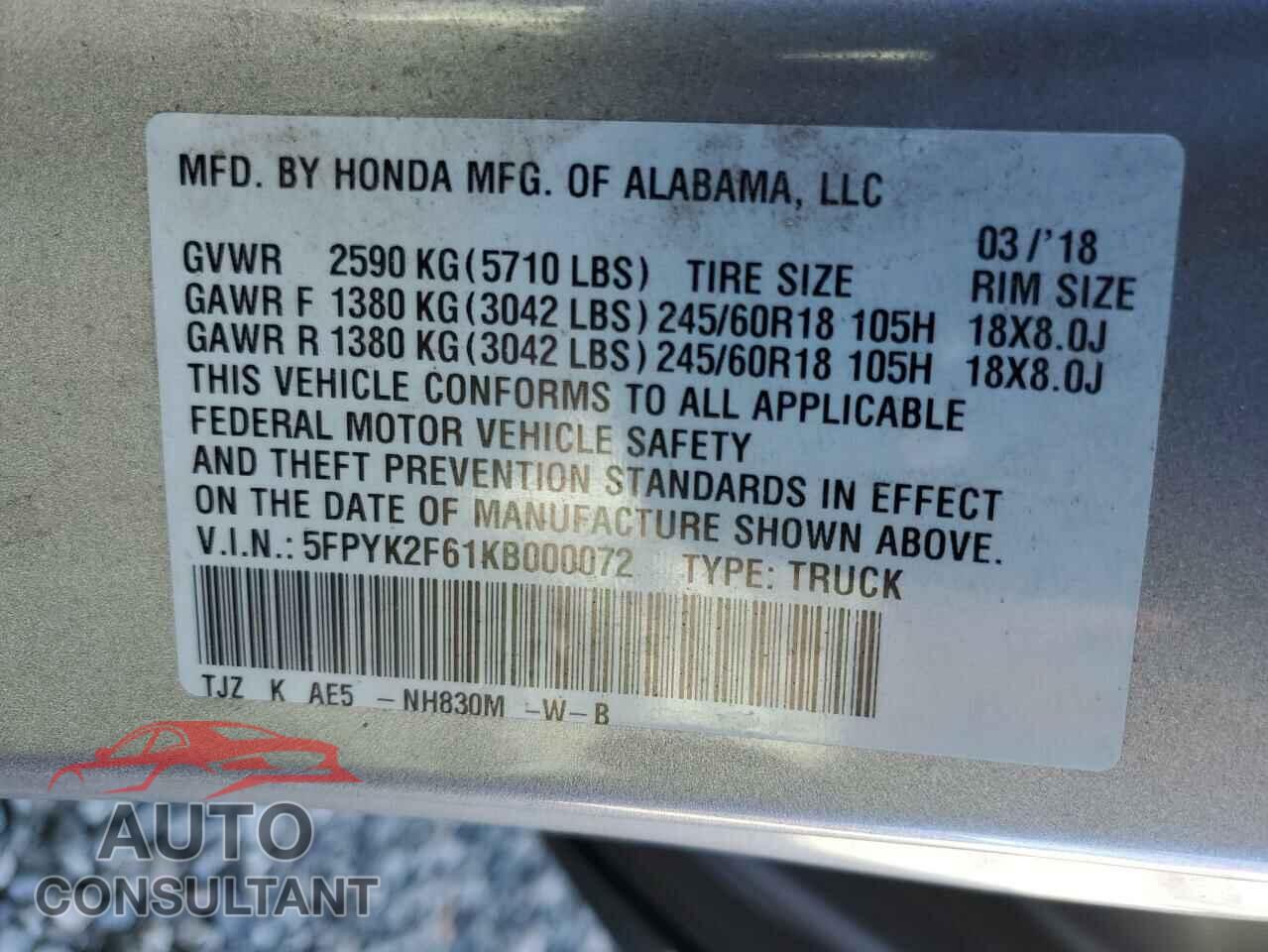 HONDA RIDGELINE 2019 - 5FPYK2F61KB000072