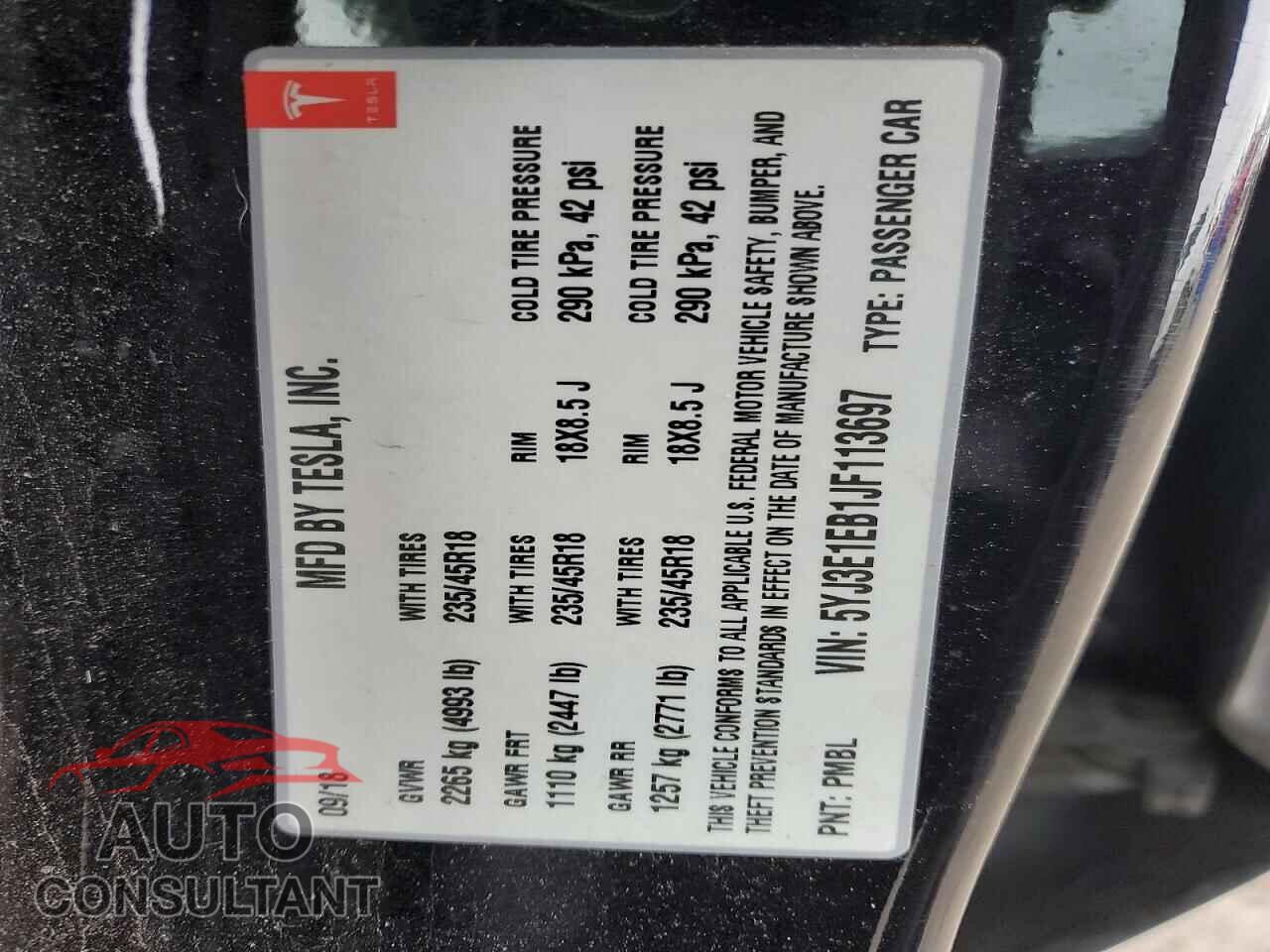 TESLA MODEL 3 2018 - 5YJ3E1EB1JF113697
