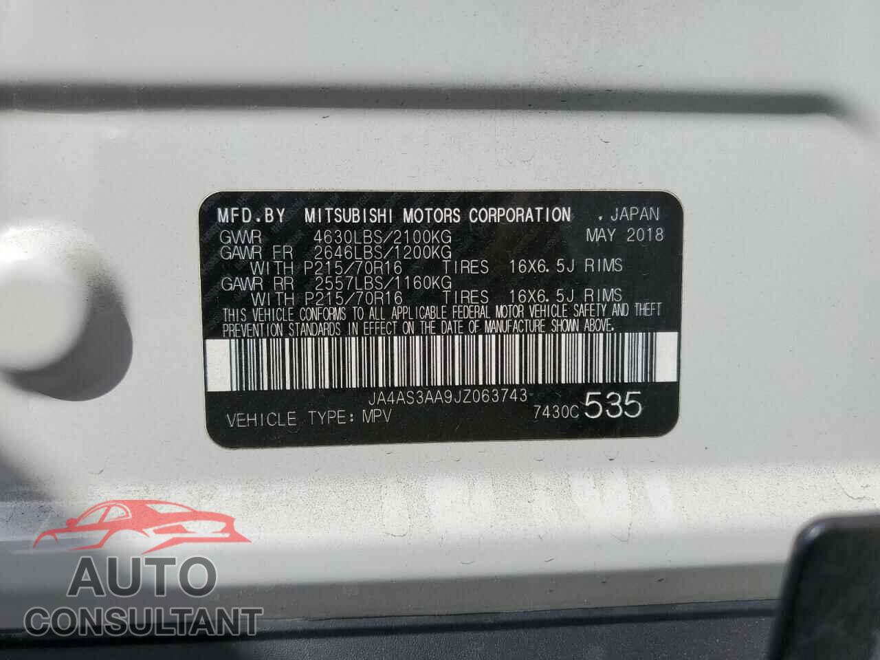 MITSUBISHI ECLIPSE 2018 - JA4AS3AA9JZ063743