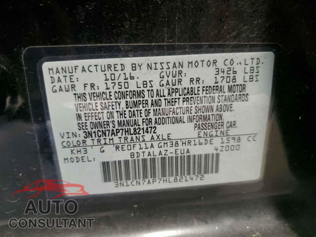 NISSAN VERSA 2017 - 3N1CN7AP7HL821472